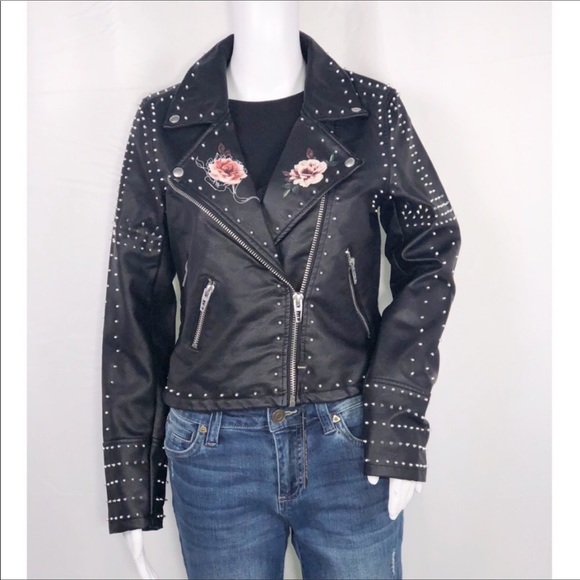 Blank NYC Black Stud Floral Vegan Leather Moto SzS - Picture 6 of 15